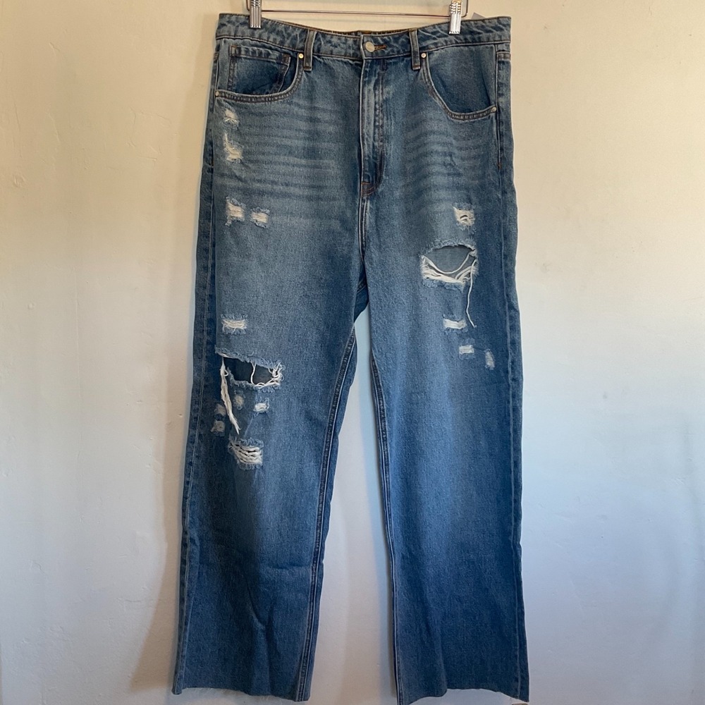 Sanctuary Flashback Wide Leg Jeans Super Distressed Ripped Grunge Raw Hem 34 W
